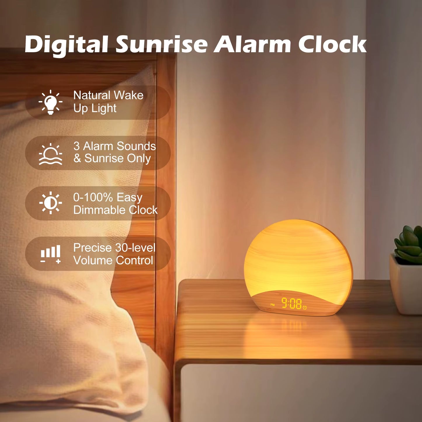 Wake up Light Alarm Clock with Sunrise/Sunset 8 Colors 26 Sleep Sound Wood Grain Night Light Sleep Aid Ideal for Gift