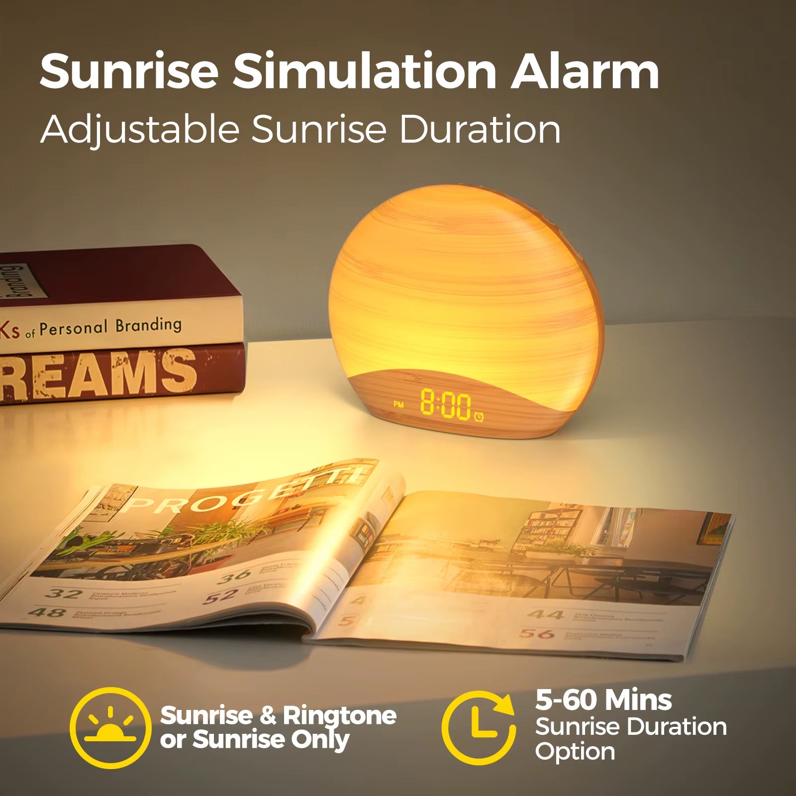 Wake up Light Alarm Clock with Sunrise/Sunset 8 Colors 26 Sleep Sound Wood Grain Night Light Sleep Aid Ideal for Gift