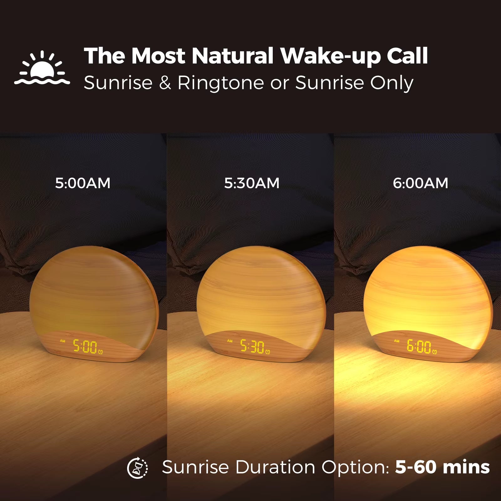 Wake up Light Alarm Clock with Sunrise/Sunset 8 Colors 26 Sleep Sound Wood Grain Night Light Sleep Aid Ideal for Gift